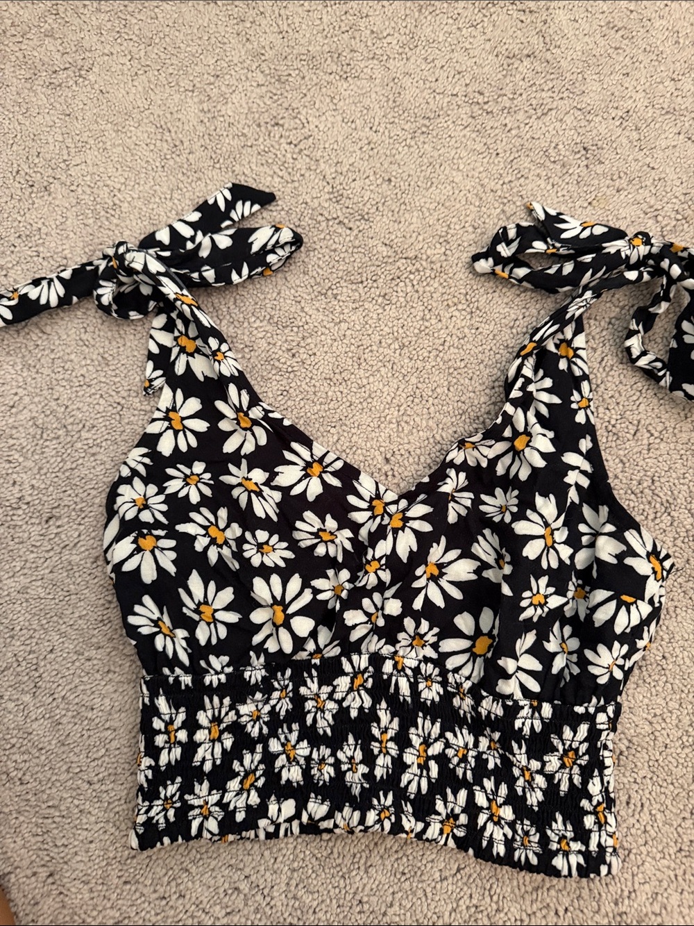 Hollister Black Daisy Tie-Shoulder Smocked Crop Top